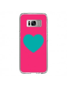 Coque Samsung S8 Coeur Bleu Fond Rose - Laetitia