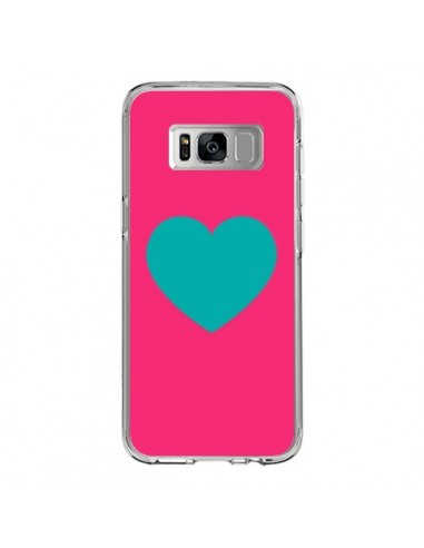 Coque Samsung S8 Coeur Bleu Fond Rose - Laetitia