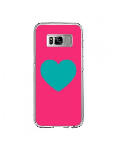 Coque Samsung S8 Coeur Bleu Fond Rose - Laetitia