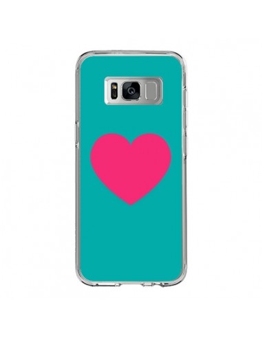 Coque Samsung S8 Coeur Rose Fond Bleu  - Laetitia