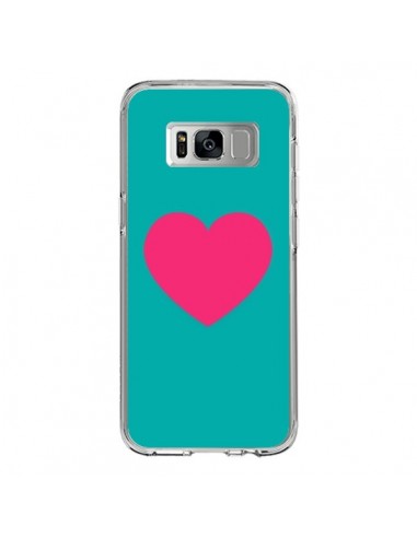 Coque Samsung S8 Coeur Rose Fond Bleu  - Laetitia