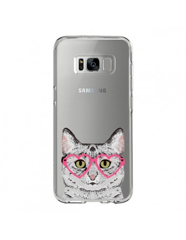 Coque Samsung S8 Chat Gris Lunettes Coeurs Transparente - Pet Friendly