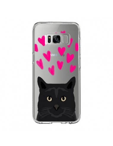 Coque Samsung S8 Chat Noir Coeurs Transparente - Pet Friendly