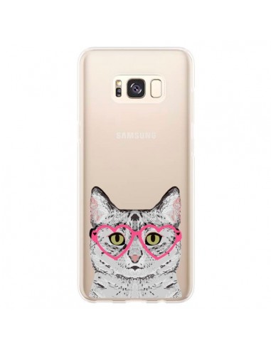 Coque Samsung S8 Plus Chat Gris Lunettes Coeurs Transparente - Pet Friendly