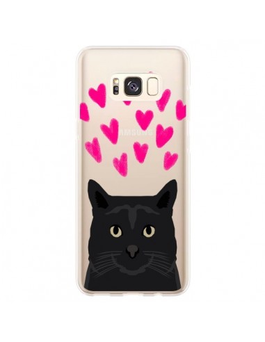 Coque Samsung S8 Plus Chat Noir Coeurs Transparente - Pet Friendly