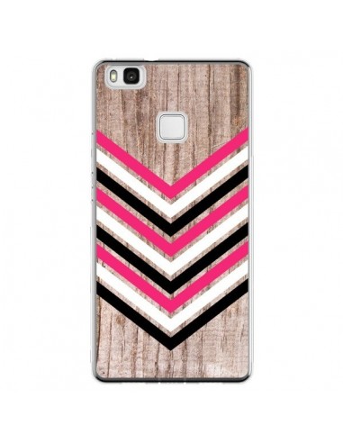 Coque Huawei P9 Lite Tribal Aztèque Bois Wood Flèche Rose Blanc Noir - Laetitia