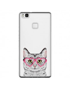 Coque Huawei P9 Lite Chat Gris Lunettes Coeurs...