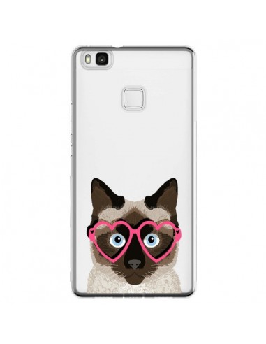 Coque Huawei P9 Lite Chat Marron Lunettes Coeurs Transparente - Pet Friendly