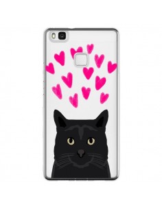 Coque Huawei P9 Lite Chat Noir Coeurs Transparente - Pet...