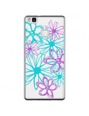 Coque Huawei P9 Lite Turquoise and Purple Flowers Fleurs Violettes Transparente - Sylvia Cook