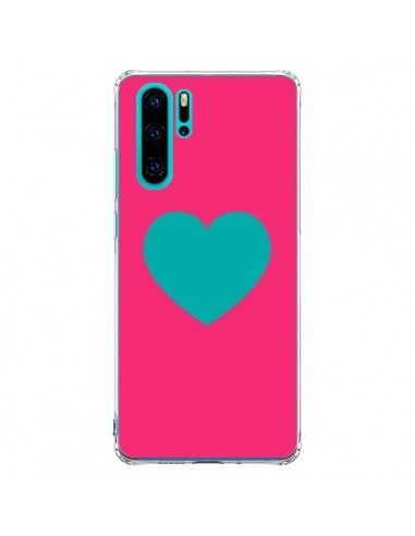 Coque Huawei P30 Pro Coeur Bleu Fond Rose - Laetitia