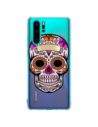 Coque Huawei P30 Pro Tête de Mort Mexicaine Noir Rose Transparente - Laetitia