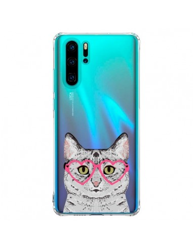 Coque Huawei P30 Pro Chat Gris Lunettes Coeurs Transparente - Pet Friendly