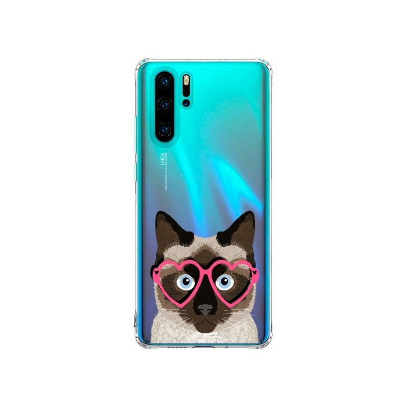 Coque Huawei P30 Pro Chat Marron Lunettes Coeurs Transparente - Pet Friendly