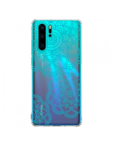 Coque Huawei P30 Pro Mandala Bleu Aqua Doodle Flower Transparente - Sylvia Cook