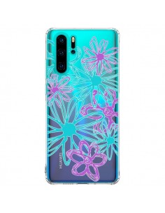 Coque Huawei P30 Pro Turquoise and Purple Flowers Fleurs...