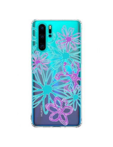 Coque Huawei P30 Pro Turquoise and Purple Flowers Fleurs Violettes Transparente - Sylvia Cook