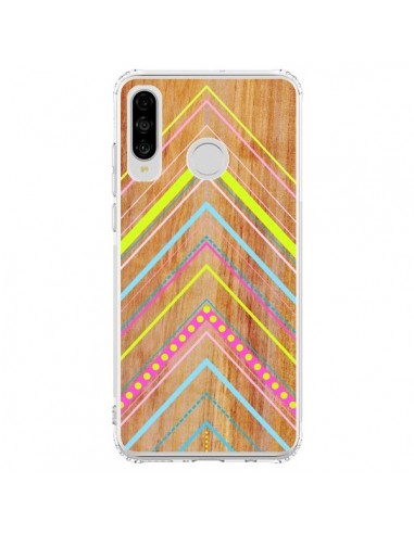 Coque Huawei P30 Lite Wooden Chevron Pink Bois Azteque Aztec Tribal - Jenny Mhairi