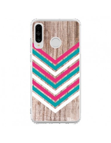 Coque Huawei P30 Lite Tribal Aztèque Bois Wood Flèche Rose Bleu - Laetitia