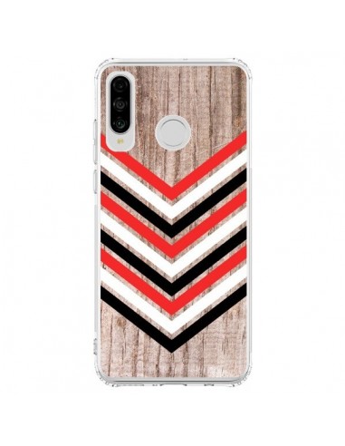 Coque Huawei P30 Lite Tribal Aztèque Bois Wood Flèche Rouge Blanc Noir - Laetitia