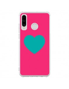 Coque Huawei P30 Lite Coeur Bleu Fond Rose - Laetitia