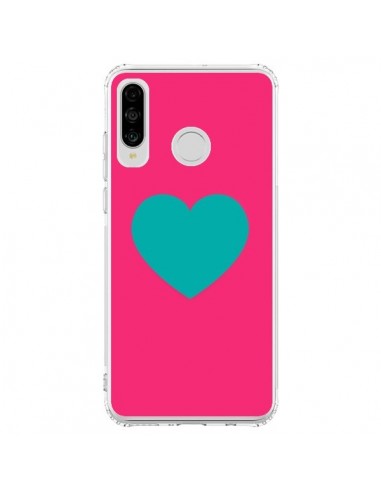 Coque Huawei P30 Lite Coeur Bleu Fond Rose - Laetitia