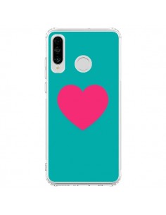 Coque Huawei P30 Lite Coeur Rose Fond Bleu  - Laetitia