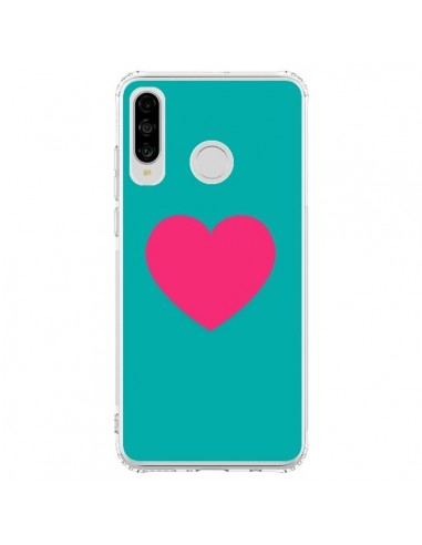 Coque Huawei P30 Lite Coeur Rose Fond Bleu  - Laetitia