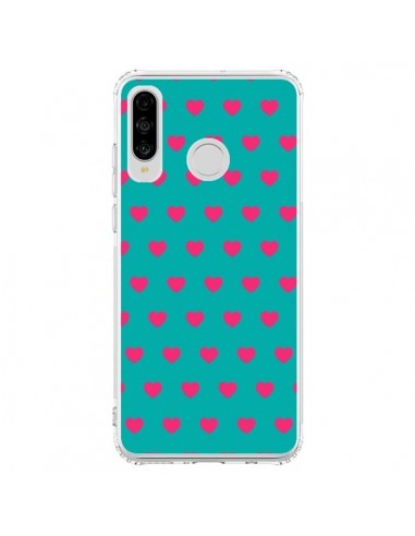 Coque Huawei P30 Lite Coeurs Roses Fond Bleu - Laetitia