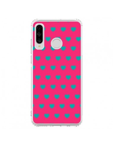 Coque Huawei P30 Lite Coeurs Bleus Fond Rose - Laetitia