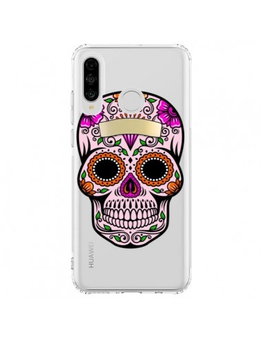 Coque Huawei P30 Lite Tête de Mort Mexicaine Noir Rose Transparente - Laetitia